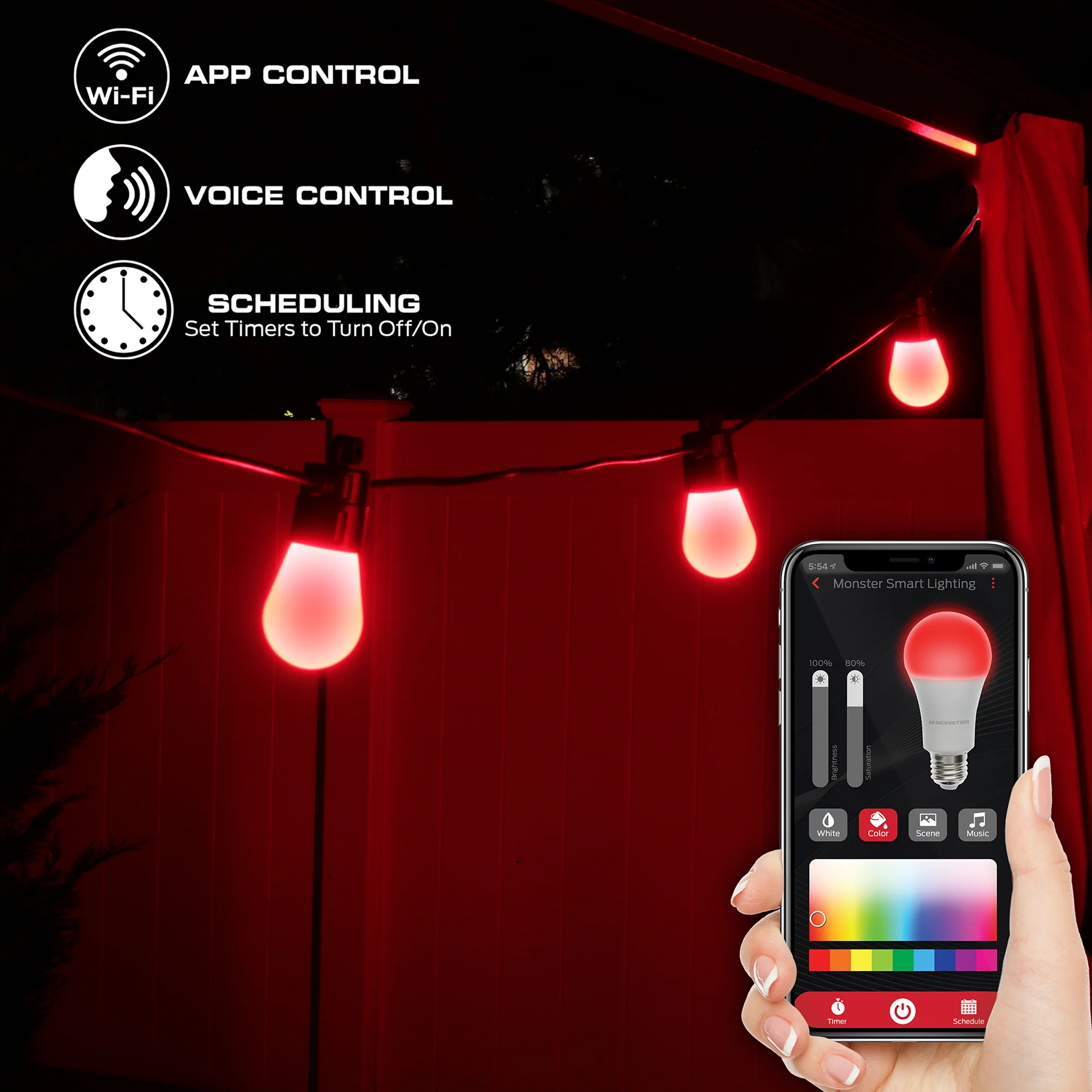 24ft Smart Sound Reactive Outdoor Dimmable LED String Lights, 12 Bulb, IP66 Water & Weather Resistant - Image 5